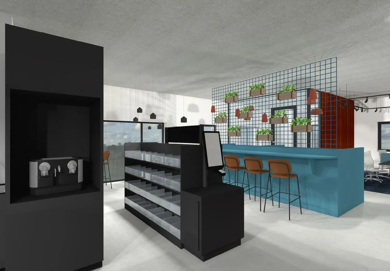 Moderne bedrijfskantine in Waalhaven-Oost met koffieautomaat, zelfbedieningskassa, blauwe bar en plantenwand.